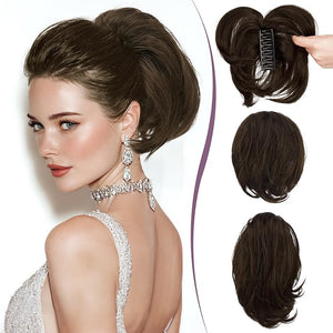 RUWISS Claw Clip Short Human Hair Ponytail Extension with Bendable Metals for DIY Styles Straight Messy Bun Hair Piece for Women Hairpieces for Daily Wear 9 Inch Dark Brown with 15% Dark Cocoa Blonde