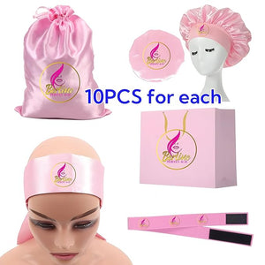 50 pcs/lot Custom Wig Storage Bags with Logo Paper Bags Custom Satin Bonnets Customized Edge Melt Elastic Bands Headband Edge Laying Scarf (Pink)