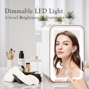 Mini Fridge for Bedroom 6L/10 Can Skincare Fridge with Dimmable LED Light Mirror for Dorm &amp Office Portable Cooler &amp Warmer Small Compact Refrigerator for Skincare Makeup and Cosmetics Whi