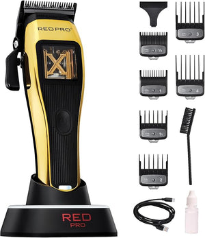 RED Pro X-King Cordless Hair Clipper for Men Hair Cutting, Strong &amp; Fast Vector Motor, DLC Diamond Like Carbon Coated Blade, Rechargeable USB-C Charging Cradle, 6 Guards (Gold)