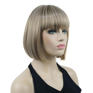 Lydell 8 Straight Short Bob Hair Flat Bangs Cute Central Dot Skin Top Heat Resistant Synthetic Wigs (H16/613 Blonde Highlighted)