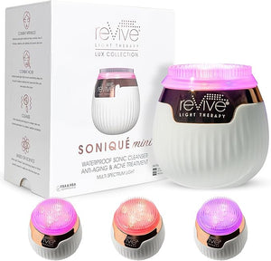Revive Light Therapy Lux Collection Soniqu? Mini Rechargeable Sonic Face Cleanser Brush with Medical-Grade Blue &amp Red Light Therapy for Face Acne &amp Wrinkle Care Water-Resistant