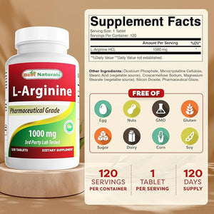 Best Naturals 3 Pack L-Arginine 1000 mg 120 Tablets - Pharmaceutical Grade L Arginine Supplement Promotes Nitric Oxide Synthesis (Total 360 Tablets)