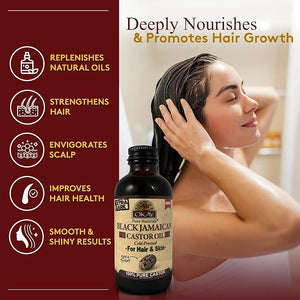 Okay Pure Naturals Extra Dark 100% Pure Black Jamaican Castor Oil - Castor Oil for Hair Growth for Men &amp Women Moisture for Skin Face Scalp Eyelashes Eyebrows - 4 oz Glass Bottle (Pack of 2)