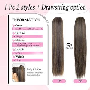 Ponytail Extension 24 Long Straight Claw Clip Ponytail Extension clip on ponytails hair clip Hair claw clip Fake Ponytail Hairpieces for Women - Dark Brown with Blonde HL