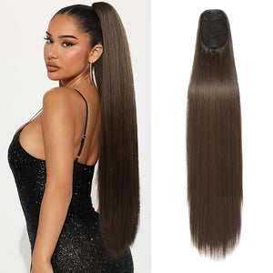 SEIKEA 35 Ponytail Extensions Drawstring Long Straight Fake Pony Tail Natural Soft Clip in Hair Extension Synthetic Heat Resistant Hairpiece Dark Brown with Copper Highlights
