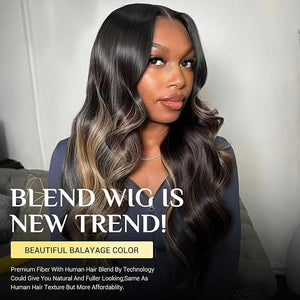 TESLAL Balayage Wear and Go Glueless Wig Pre Cut HD Lace 6X6 Lace Wig 22 Inch 260% Density 1B/27 Highlight Body Wave Human Hair Blend Premium Fiber Wigs By Crafted Technology