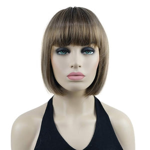 Lydell 8 Straight Short Bob Hair Flat Bangs Cute Central Dot Skin Top Heat Resistant Synthetic Wigs (12TT26 Light Brown Highlights)