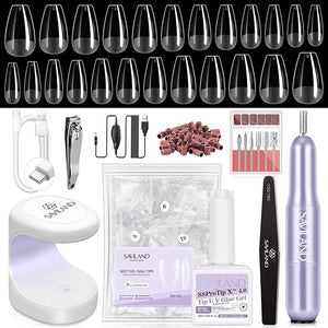 SAVILAND Advanced Gel Nail Kit: Salon Grade Nail Kit with Portable Light Short Coffin Nail Tips 500 Pcs 12 Sizes 30 Days Long-Wear Nail Kit Acrylic Set with U V Nails Glue Nail Lamp Drill DIY At Home
