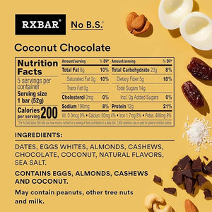 RX-BAR Protein Bars 12g Protein Gluten-Free Snacks Coconut Chocolate 9.1oz Box (5 Bars)