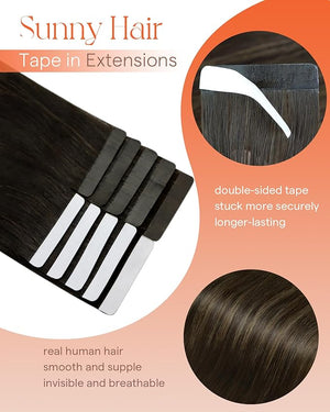 Sunny Hair Tape in Hair Extensions Real Human Hair Invisible Remy Hair Extensions Tape ins for Women Darkest Brown Ombre Medium Brown Balayage 18 inch 25G