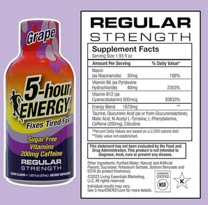 5-hour ENERGY Shots Regular Strength Grape Flavor 1.93 oz. 30 Count Sugar Free Zero Calories Amino Acids and Essential B Vitamins Dietary Supplement Feel Alert and Energized 200mg Caffeine
