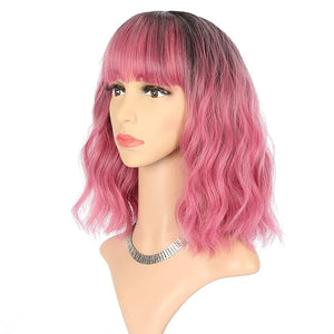 FAELBATY Ombre Red Wig With Bangs Short Wave Bob Synthetic Cosplay Wig for Women Halloween - 12 Ombre Rose Red Color