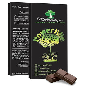 Mushroomtropics PowerBite Adaptogen Mushroom Chocolate Bar with Lion¡¯s Mane and Cordyceps Vitamin B12 and Coffee for Energy Focus Stamina and creativity | Functional Mushrooms Health Benefits