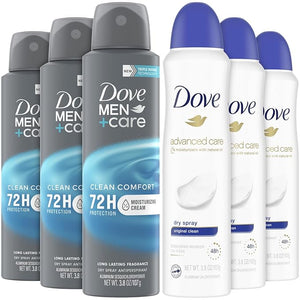 Dove Deodorant Spray Men+Care + Dove Advanced Care Deodorant for Women - Dry Spray Deodorant Antiperspirant for Men Women Teenagers with Moisturizing Oil Scented 3.8 Oz (6 Piece Set)