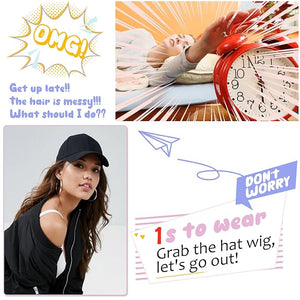 Baseball Hat WigHat with Hair attached 24'' Adjustable Black Cap with Long Wavy Synthetic Hair Extensions for Women Girls(Dark Black)
