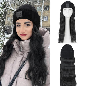 S-noilite Beanie WigLong Wavy Hair 18 Hat with Hair Attached for Women Winter Synthetic HairExtension Hairpiece for Women Natural Black