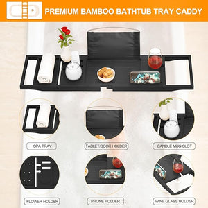 Premium Bathtub Tray Caddy - Bath Tray Expandable - Bath Tub Tray Table for Bathtub Bamboo Wooden Fits Most Bath Tubs
