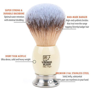 Luxury Shaving Brush for Men by VIKINGS BLADE, Ultra Heavy Acrylic &amp; 316L Steel Handle, Super Strong Knot Backbone, Minimal Shedding, Fast Lather, Extremely Smooth &amp; Plush on Skin (White Knigh