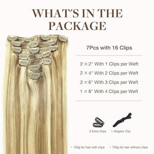 GOO GOO Clip in Hair Extensions Real Human Hair Remy Human Hair Extensions Clip ins for Women Natural Human Hair 16inch 160g 7Pcs #16/22 Light Blonde Highlighted Golden Blonde