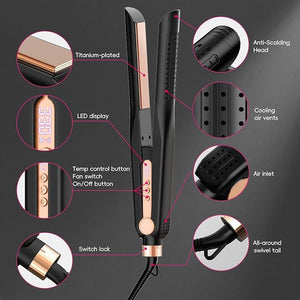 SKIMI Airflow Styler, Titanium Flat Iron Hair Straightener, Professional Curling Iron with Cooling Air Vents to Lock in Style, 5 Temps &amp; Dual Voltage, Auto Off (Black &amp; Gold).
