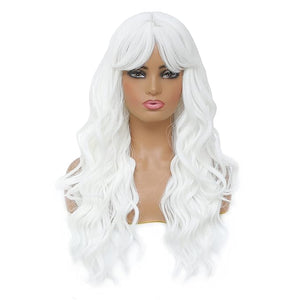 SWACC Long Curly Wavy Wig with Bangs Synthetic Hair Wig for Women with Wig Cap (White)