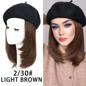 Women Beret Hat Wig with Hair Extensions Classic French Wool Beanie Hat Straight Short Wig Bob Synthetic Hairpiece Light Brown