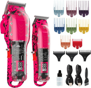 Professional Hair Clippers for Men Cordless Barber kit for Hair Cutting &amp Grooming Pink Hair Clippers and Trimmer Set for Barber Haircut with LED Display 8 Fade Taper Combs