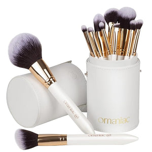 OMANIAC Makeup Brush Set Professional 12 Pearlescent Wood Handle Makeup Brushes Premium Cruelty-Free Synthetic Fiber Hair Travel Make up Brushes Set with Case (White).