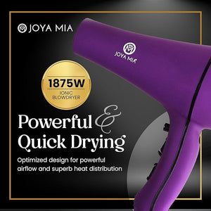 JOYA MIA Anemoi 1875W Ceramic Hair Dryer with Attachments - Lightweight &amp; Portable for Women 3 Heat/2 Speed Settings with Cool Shot Ideal for Fine Curly Frizz-Prone Hair Salon Like Blowdryer - Pur