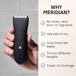 MERIDIAN The Trimmer Original - Body Hair Trimmer for Men, Electric Shaver for Pubic Hair, Chest, Legs &amp; Bikini, Waterproof &amp; Rechargeable, Onyx