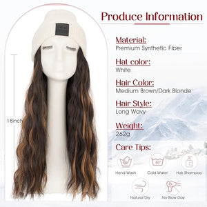 S-noilite Beanie Wig with Hair18 Inch Long Wavy Hair Extensions with White Knitted Hat Hairpieces for Women Winter Medium Brown mix Dark Blonde