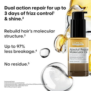 L'Or?al Professionnel Paris Absolut Repair Molecular High Shine Hair Oil ? Lightweight Fast-Absorbing Bi-phase Oil, Repairs 2 Years Hair Damage, 100 Hours Hair Shine, Anti-Frizz