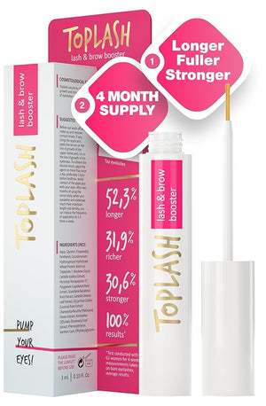 TOPLASH Eyelash Growth Serum - Innovative Formula for Longer, Thicker, Fuller Brows &amp; Lashes - Natural, Cruelty-Free &amp; Hypoallergenic - 0.10 fl.oz.