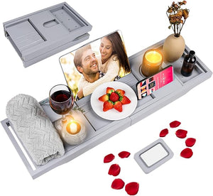Foldable Bathtub Caddy Tray Bamboo Bath Tub Tray Table for Tub with Wine Glass Holder Book Phone Tablet Holder with Extending Sides Adjustable Bathroom Bathtub Free Soap Holder Gift Idea (Grey)