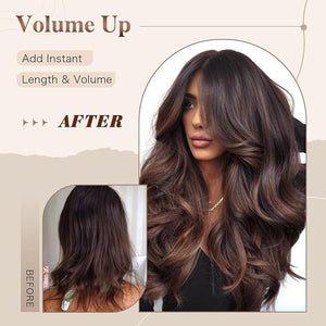 Ombre Brown Highlight Long Layered Wavy Wig with Bangs for Women Synthetic Dark Brown Mix Highlight Blonde Body Wave Curtain Bang Wig Long Layered Haircut for Black and White Women Daily Use 24Inch