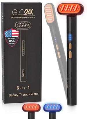 GLO24K 6-IN-1 Beauty Therapy Wand for the Face Eyes and Neck. Based on Dual LED Light Therapy Thermal Vibration and Micro-Current Technologies.Skin Rejuvenation
