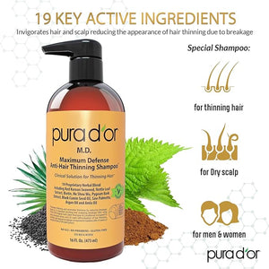 PURA D'OR MD Anti-Thinning Biotin Shampoo &amp Conditioner Set (16oz x2) Maximum Defense Coal-Tar Strong Scented Hebal Blend Hair Thickening Products For Women &amp Men Daily Shampoo For Scalp Heal