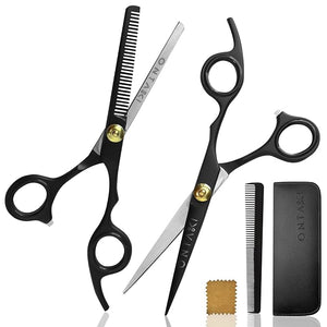 Ontaki Hair Cutting &amp Thinning Japanese Steel Shears Kit - 7-Inch Black - Professional Hair Shears - Stainless Steel Thinning Scissors - Barber Scissors Kit with Comb &amp Pouch