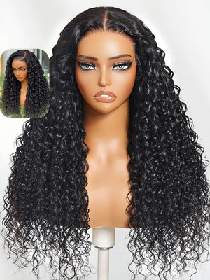YIROO Bye Bye Knots Glueless Water Wave and Jerry Curly Drawstring Wig Human Hair 7x5 Pre Cut Lace Front Glueless Wigs Pre Bleached Pre Plucked Wear and Go Wig for Women 150% Density 16Inch