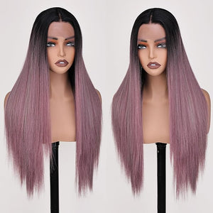 Ombre Purple Wig Lace Front Wigs Glueless Wig Leopard Print Straight Wigs for Women Pre Plucked with Baby Hair 26 Inch Synthetic Lace Front Wig