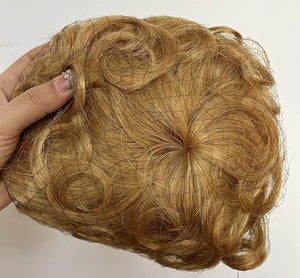 Short Curly Real Human Hair Topper with Front Bangs for WomenBreathable Wiglets Hairpieces 5.1x5.5 Large Coverage Women Toupee Clip in Top Wavy Hair Pieces Topper(7Dark Strawberry Blonde)