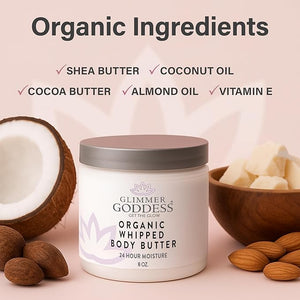 GLIMMER GODDESS Organic Whipped Body Butter for Women - Moisturizer Cream with Shea &amp Cocoa Butter Almonds &amp Coconut Oil - Honeysuckle 8oz
