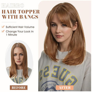 Hairro Hair Toppers with Bangs for Women 6x6 Base Add Volume Length with Invisible Clips In Hairpieces Synthetic Wiglets for Daily Use/Halloween/Cosplay 14 Inch Light Brown Mix Blonde