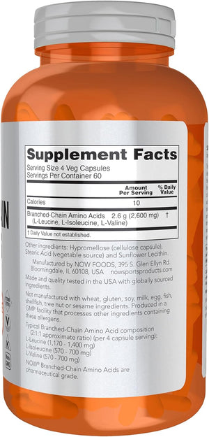 NOW Foods Sports Nutrition Branched Chain Amino Acids With Leucine Isoleucine and Valine 240 Veg Capsules