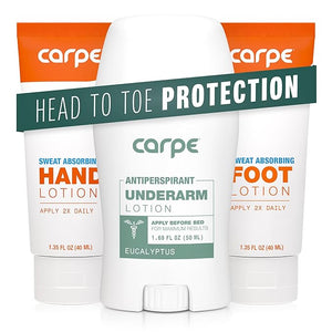 Carpe Sweat Absorbing Underarm, Hand &amp; Foot Lotion Bundle, Head to Toe Sweat Protection for Hands, Feet, and Underarm, Dermatologist Recommended