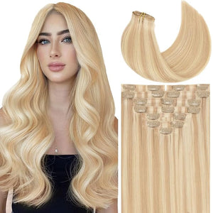 Loxxy Seamless Extensions Clip in Human Hair 20inch Hair Clip Extensions for Women Pu Weft Invisible Clip in Hair Extensions Human Hair Light Golden Brown Mixed Platinum Blonde P12/60A 150g 8pcs