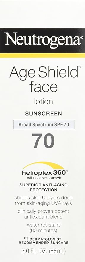 Neutrogena Age Shield Anti-Oxidant Face Lotion Sunscreen with Broad Spectrum SPF 70 Oil-Free &amp Non-Comedogenic Moisturizing Sunscreen to Prevent Signs of Aging 3 fl. oz (Pack of 2)
