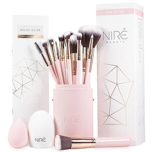 Nir? Beauty 15piece Award Winning Pink Makeup Brushes: Pink Makeup Brush Set with Case, Makeup Sponge, Brush Cleaner, Guide, Gift Box