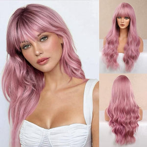Honygebia Light Pink Wig Bangs - Baby Pink Wigs for Women Long Wavy Coral Pink Heat Resistant Hair Natural Looking Bright Synthetic - Best Wigs for Halloween/Christmas/Cosplay/Party